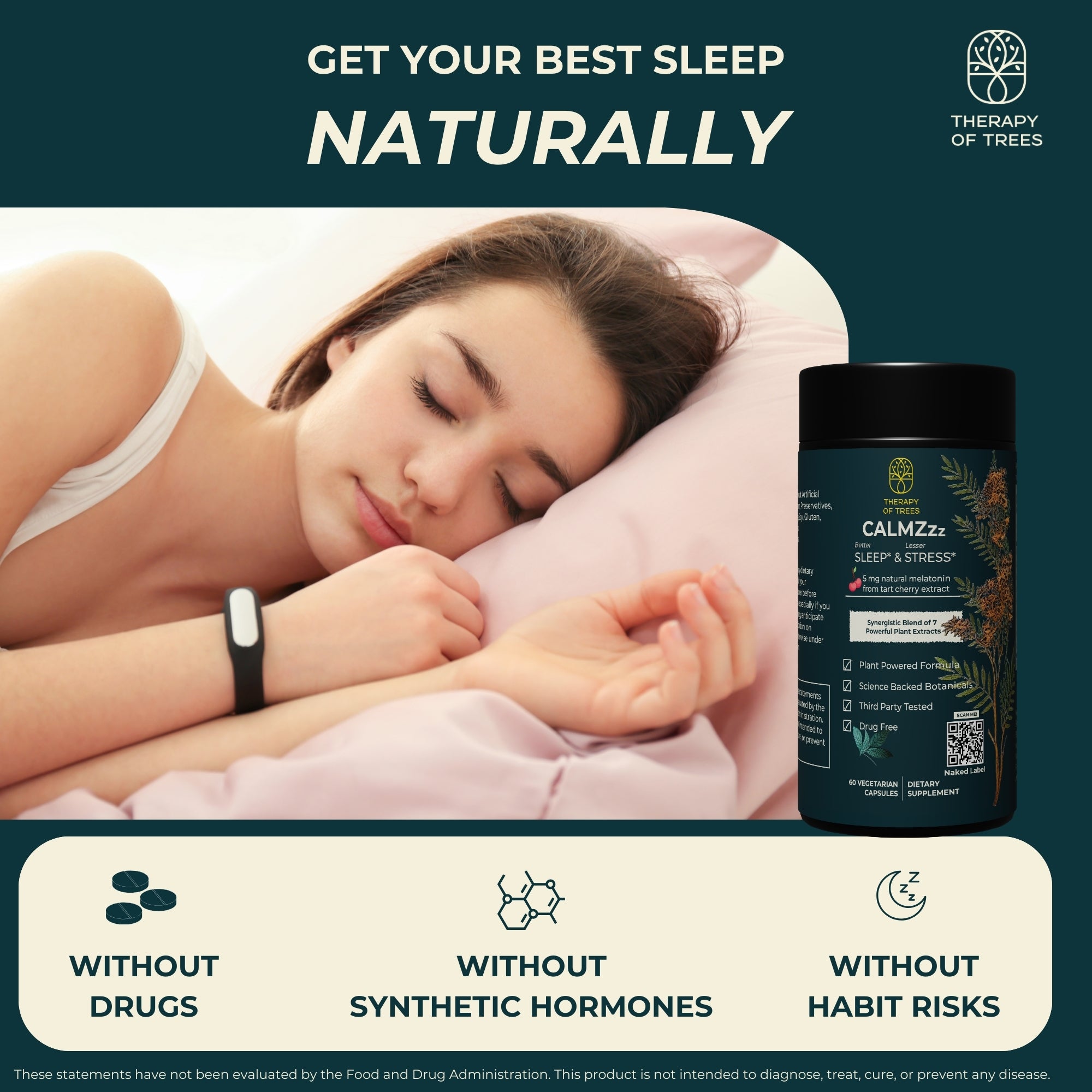 CALMZzz with Natural Melatonin : Sleep Support and Stress Relief ; 100% Plant Based | Non Habit Forming
