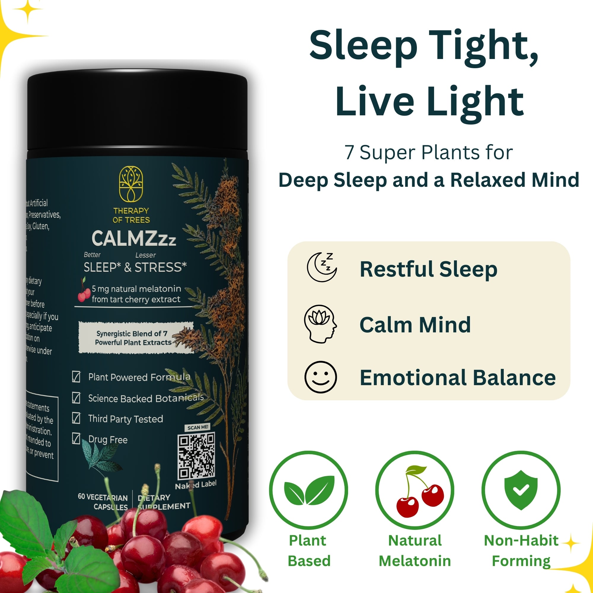 CALMZzz with Natural Melatonin : Sleep Support and Stress Relief ; 100% Plant Based | Non Habit Forming